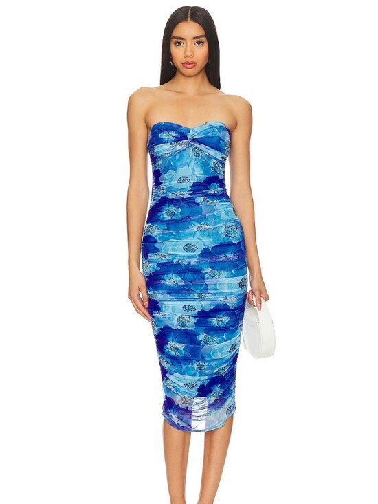 More To Come Dresses & Skirts - MORE TO COME Micayla Ruched Dress in Blue Floral strapless bodycon